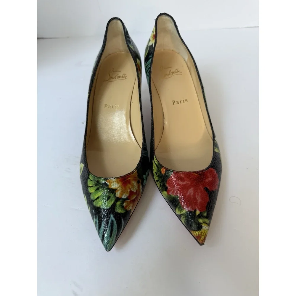 Christian Louboutin Pigalle Follies 55 Calf Hawaii Tropical Floral Heels SZ 38.5 - Picture 2 of 9